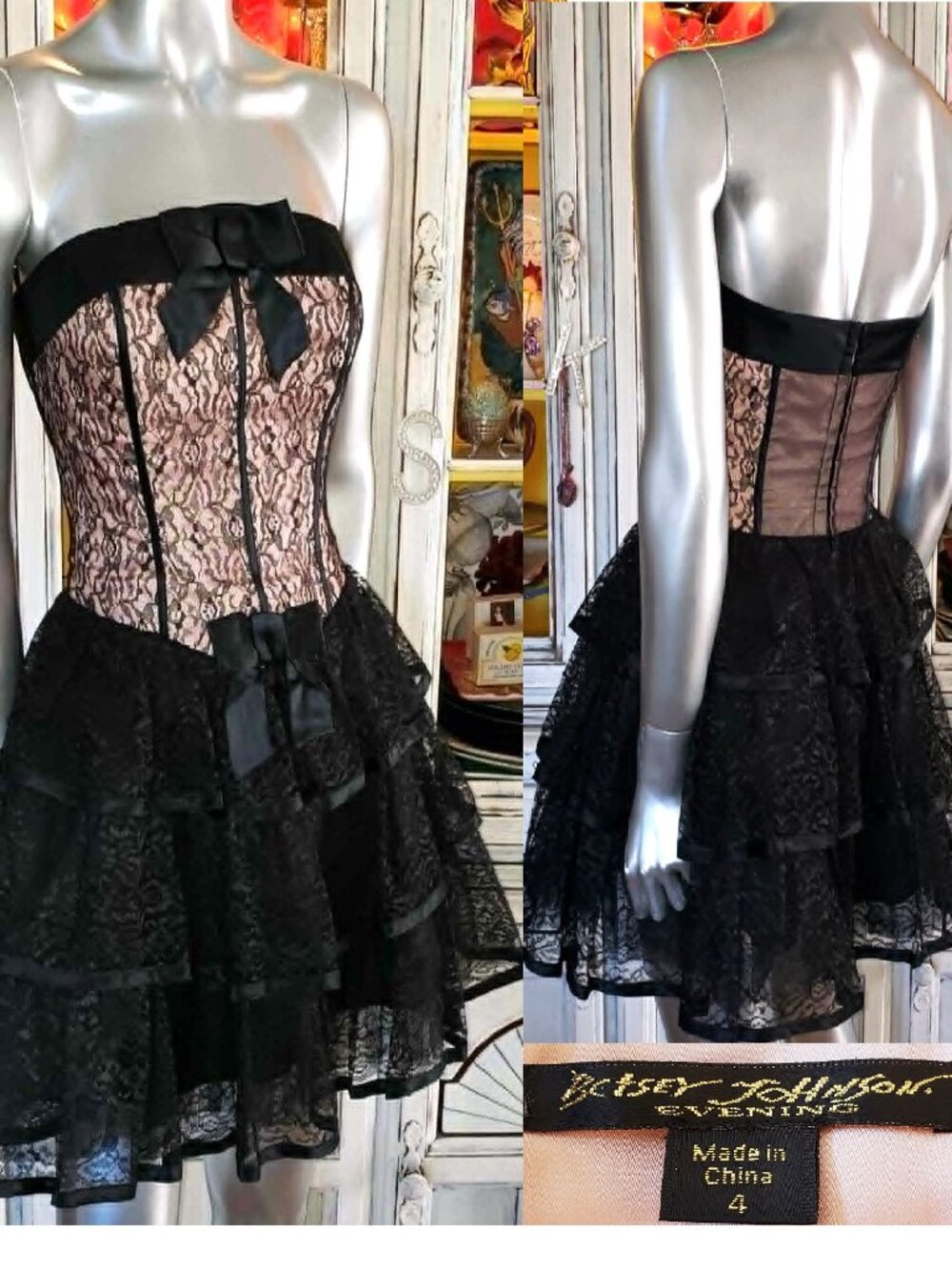 Vintage Betsey Johnson Evening Y2K Pink Black Lace Corset Ruffle Coquette Dress